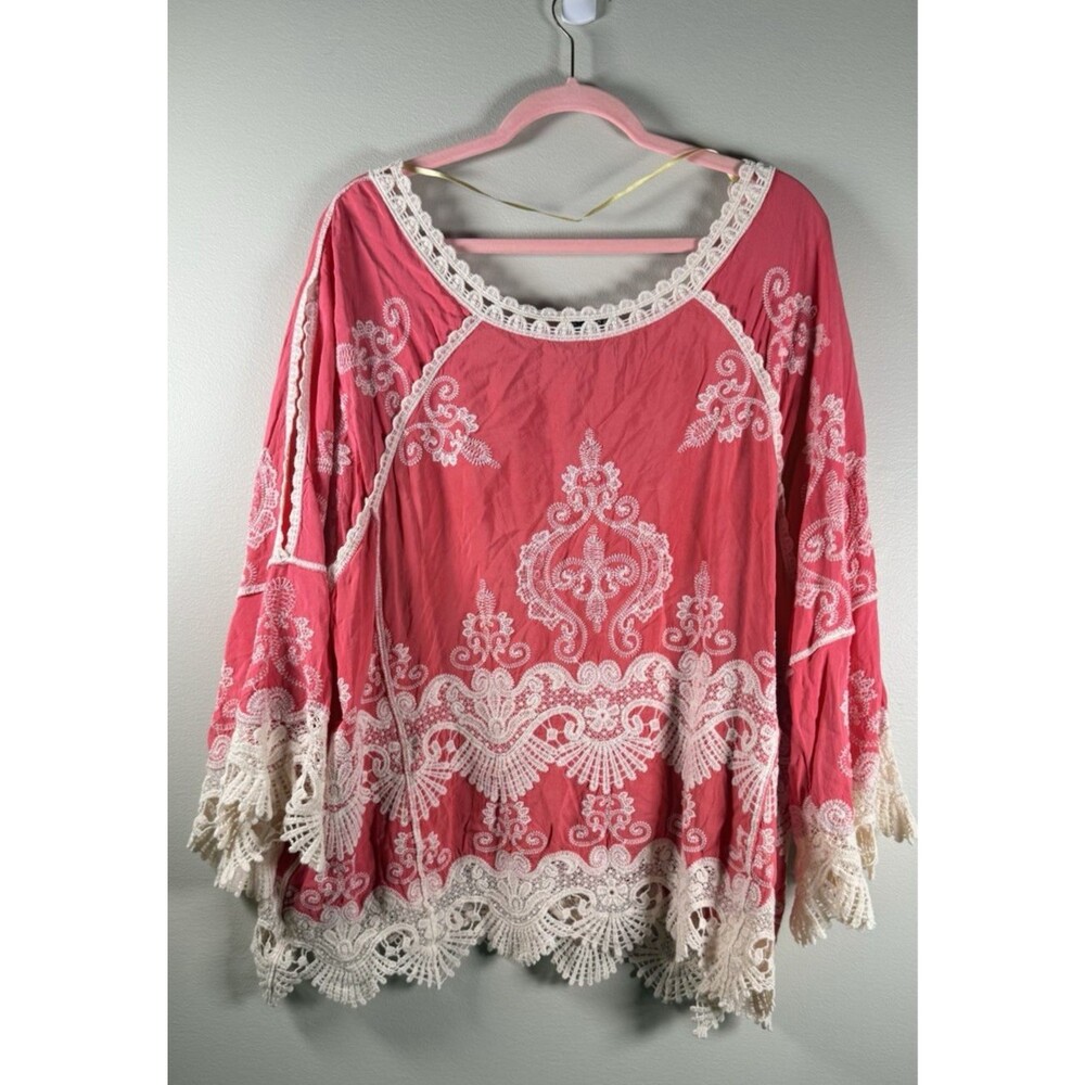 Democracy Womens Pink/White Floral Crochet Lace Embroidered Blouse - XL